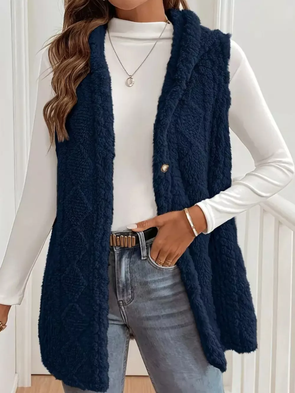 Button Up Plush Hooded Vest Coat, image 7