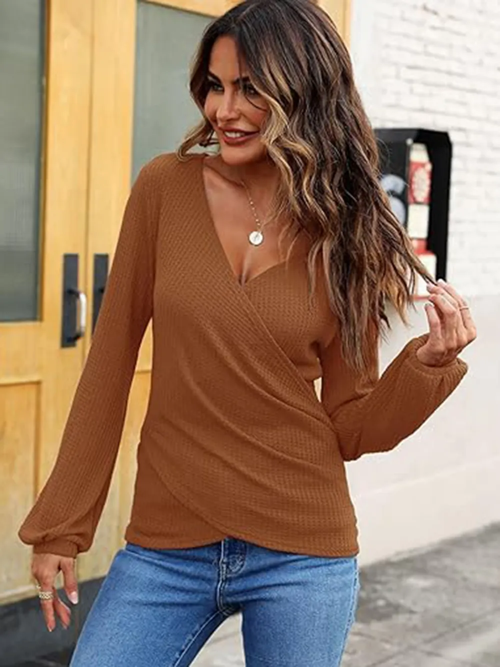 Waffle Knit Surplice Long Sleeve T-Shirt, image 12