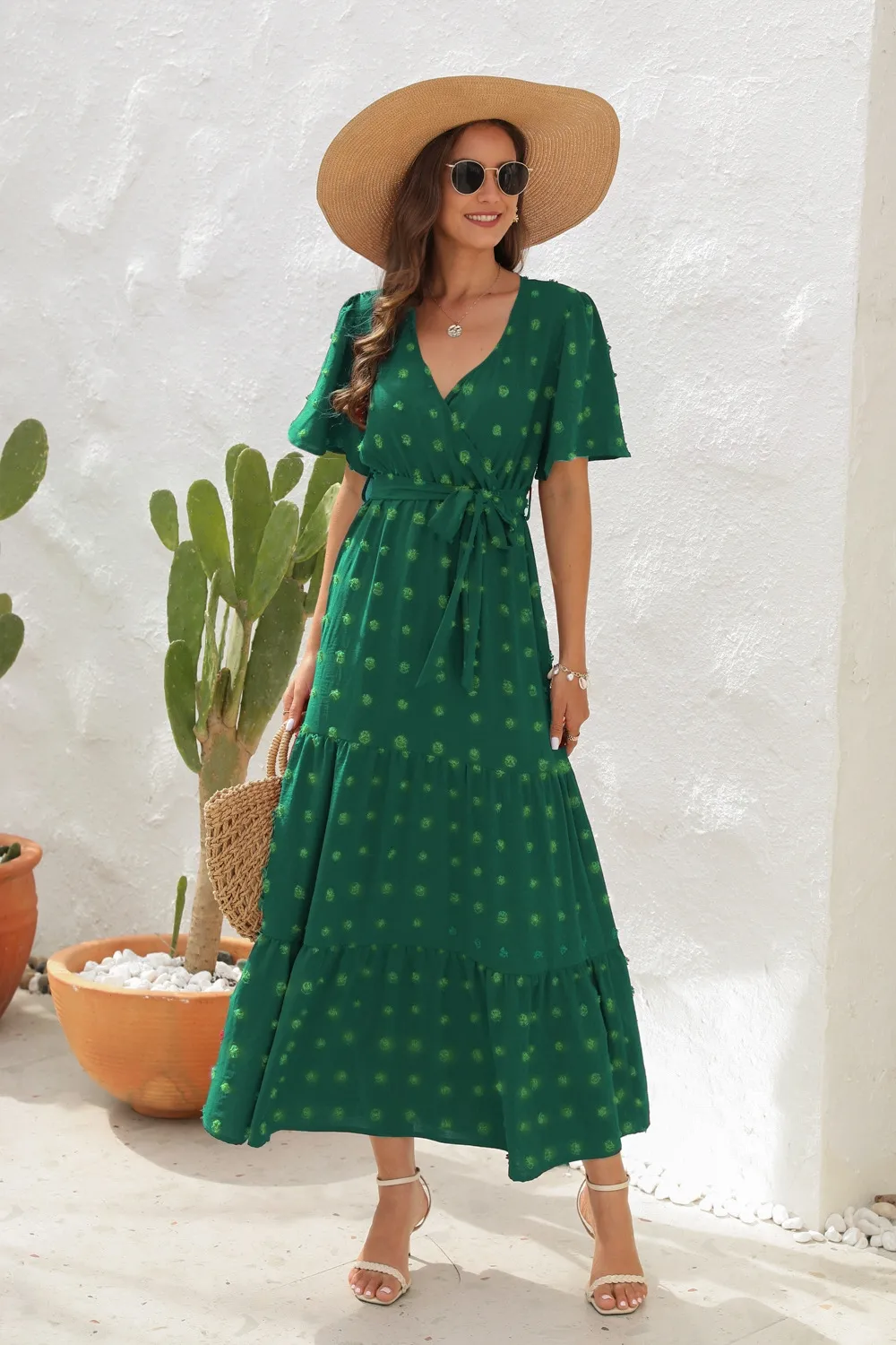 Swiss Dot Tied Surplice Short Sleeve Dress, image 2