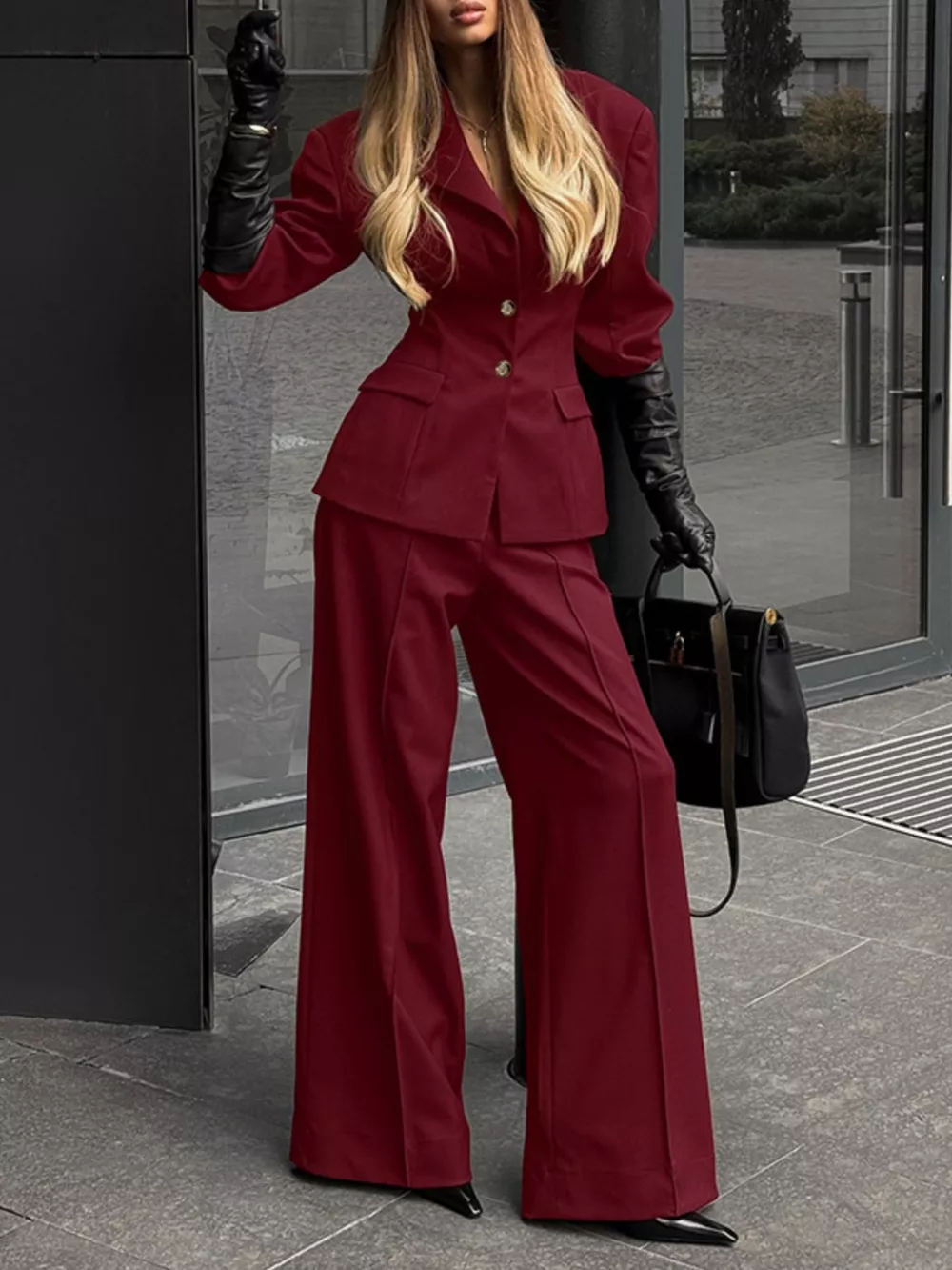Lapel Collar Blazer and Wide-Leg Pants Set, image 5