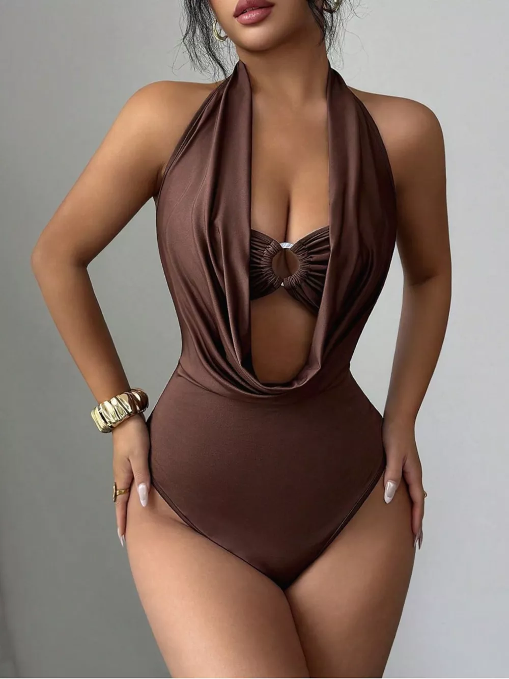Halter Neck Ruched Ring Detail Bodysuit, image 3