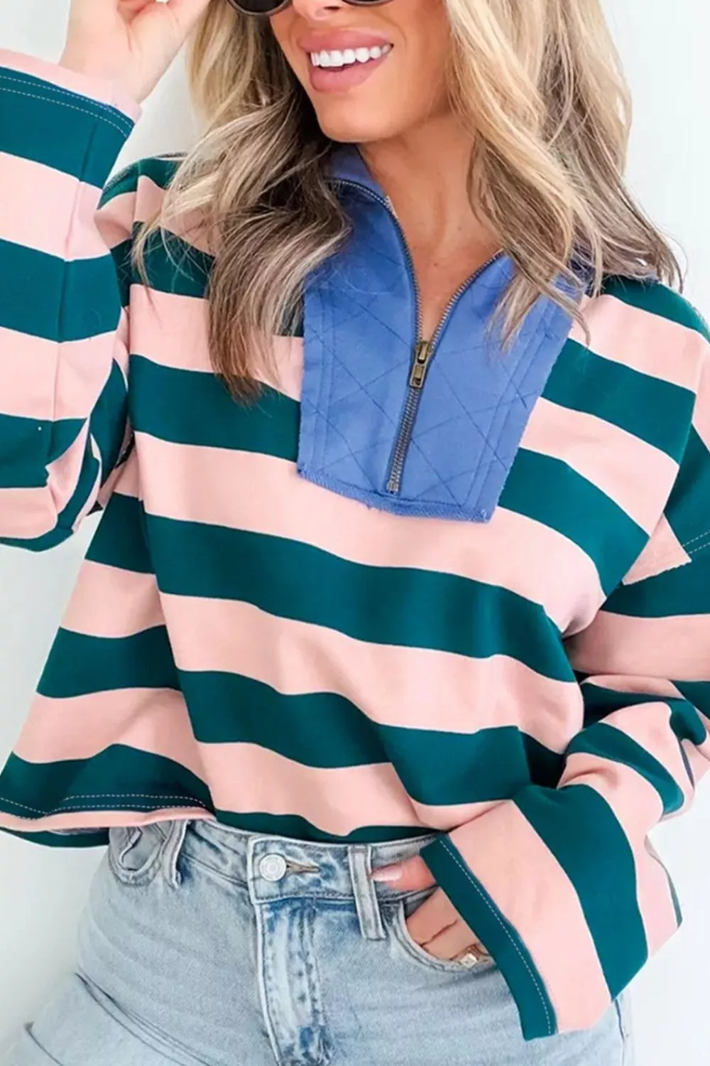 Stripe Quarter-Zip Metal Zipper Cover Stitch Hem Top, image 5