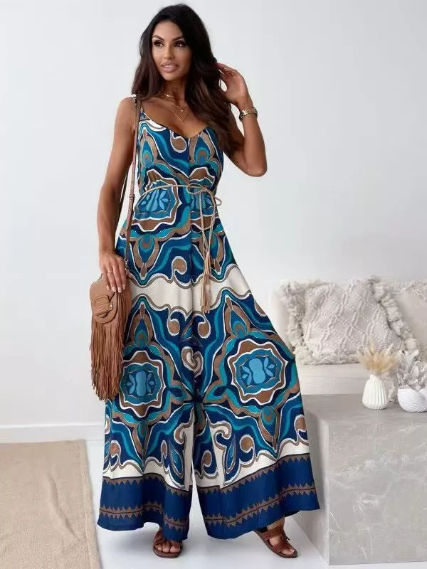 Printed Spaghetti Strap Wide-Leg Jumpsuit, image 8