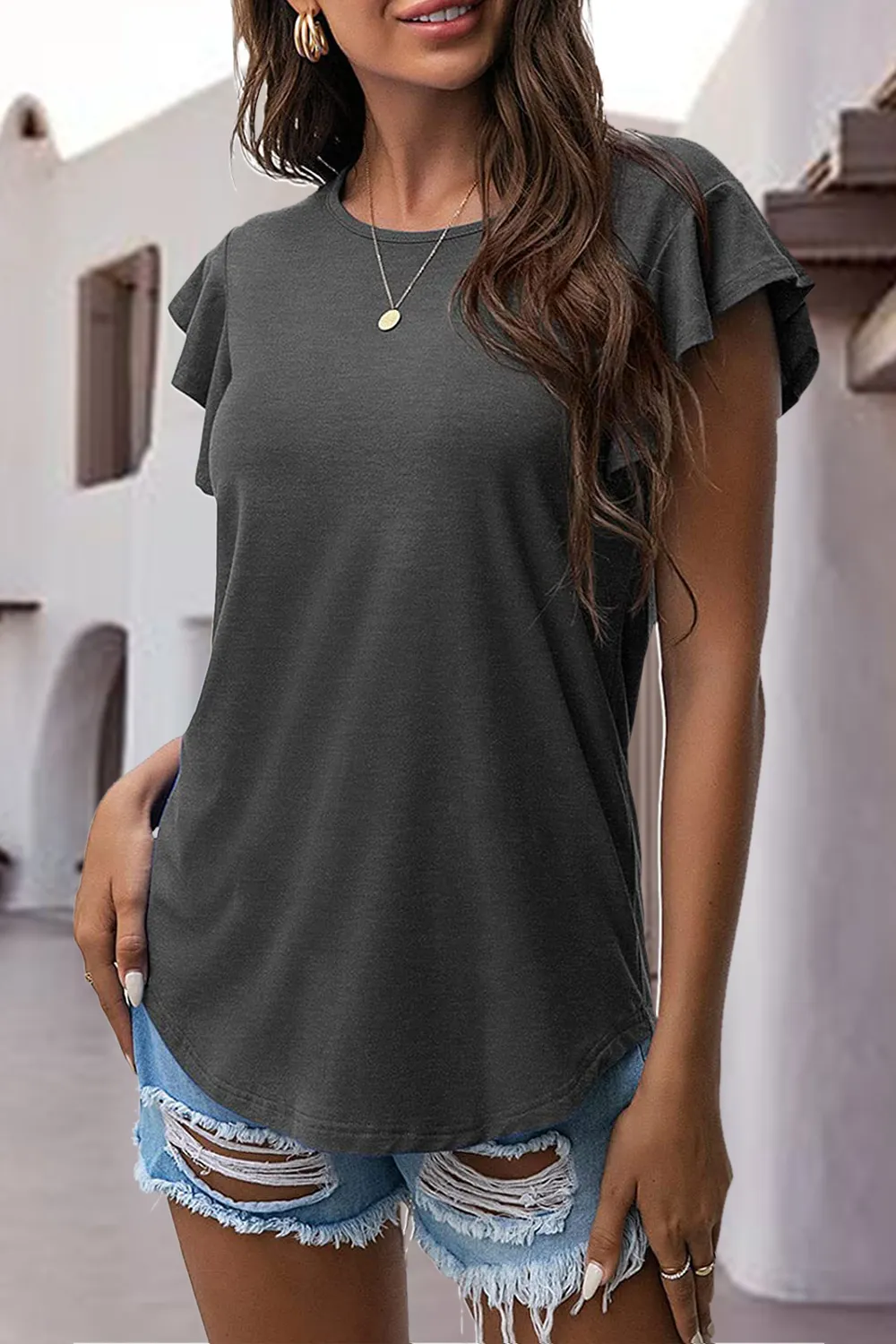 Ruffled Round Neck Cap Sleeve Blouse, image 14