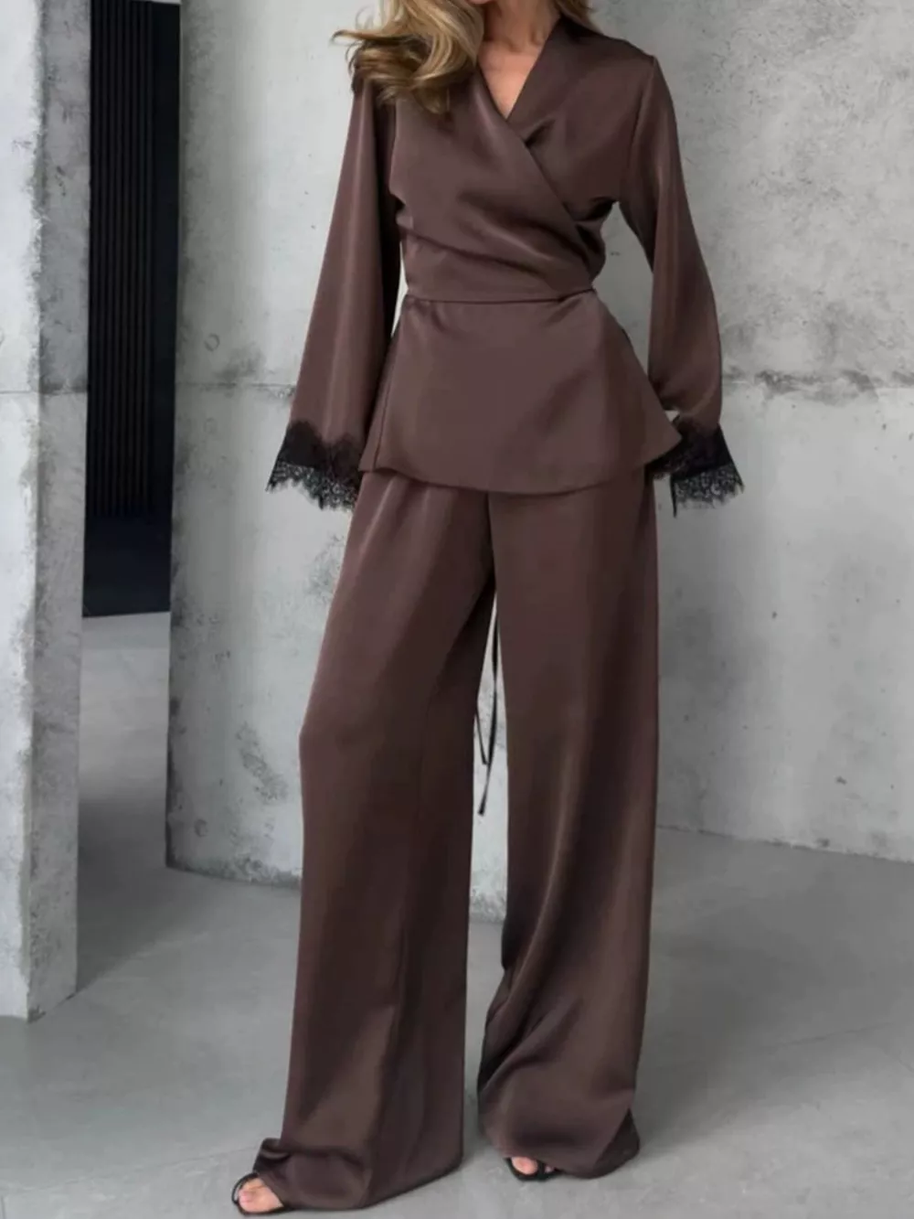 Lace Trim Wrap Top and Pants Set, image 9
