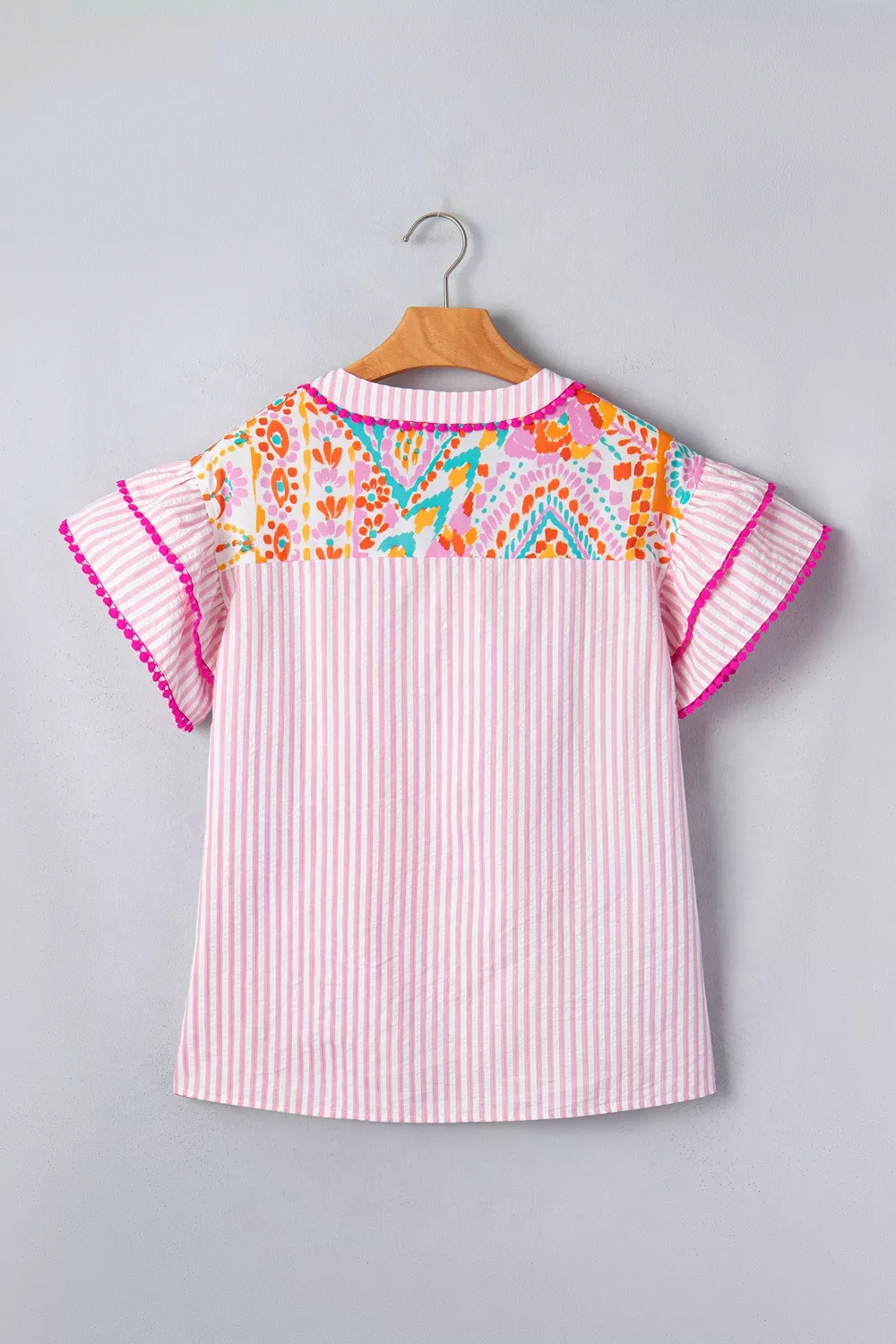 Mixed Print Contrast Trim Striped Patchwork Tiered Short Sleeve Blouse, image 6