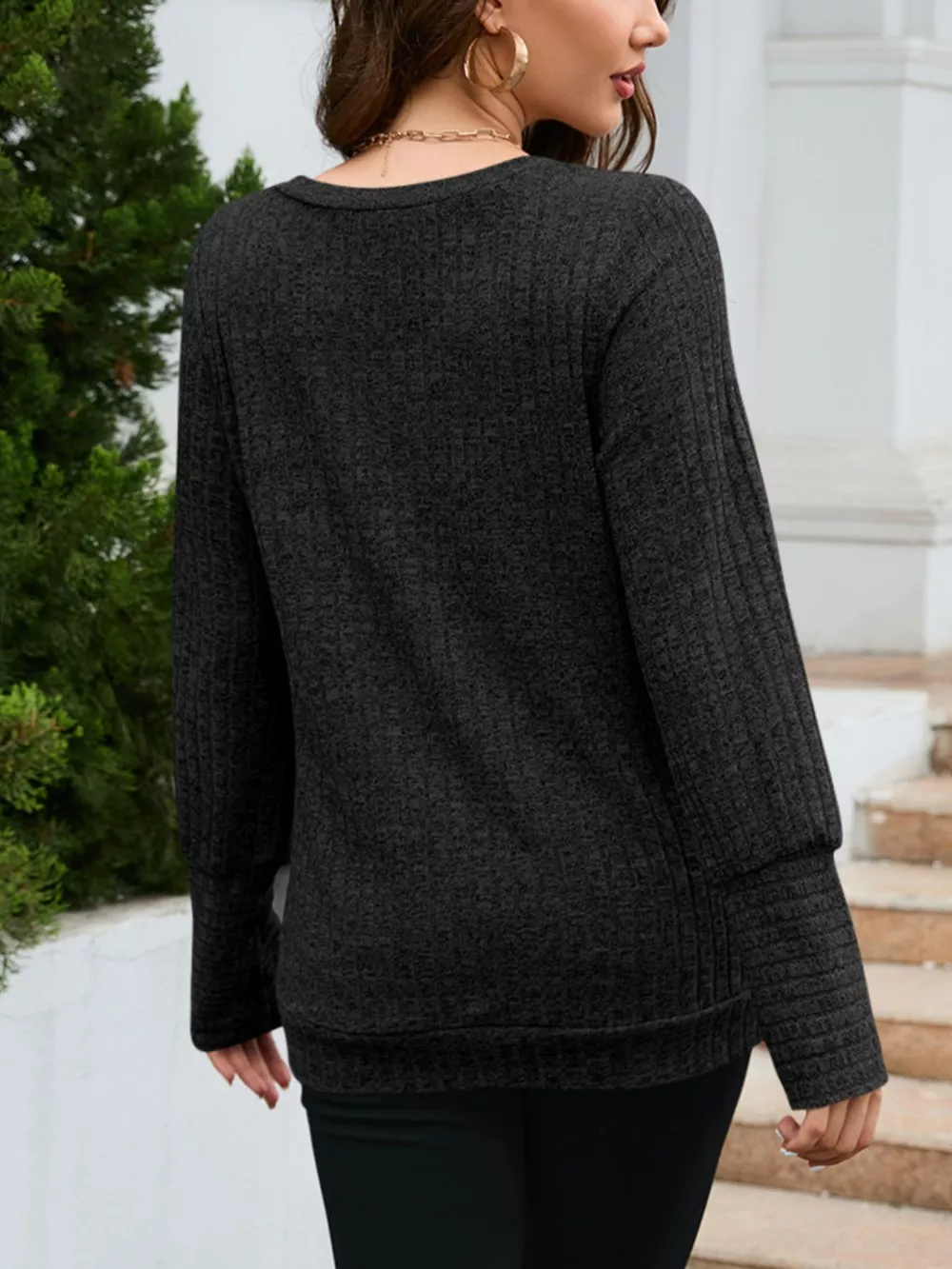 V-Neck Textured Knit Long Sleeve T-Shirt, image 14