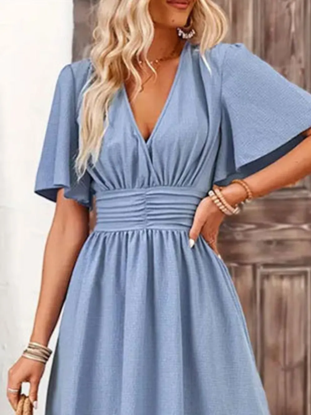 Side Slit Surplice Flutter Sleeve Midi Dress, image 4