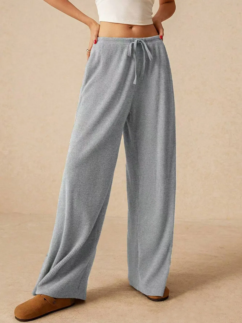 Ribbed Drawstring Wide Leg Pants, image 8