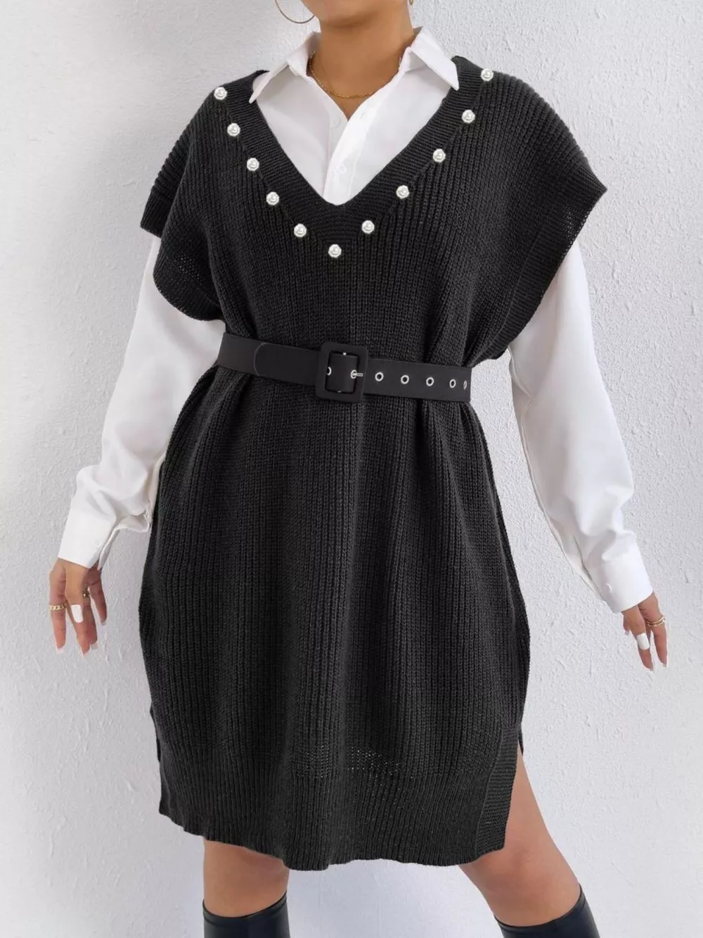Slit V-Neck Sweater Dress, image 12