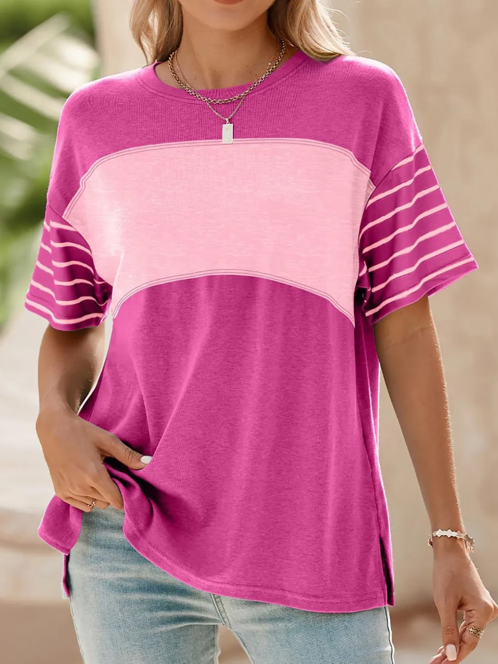 Color Block Striped Sleeve Casual T-Shirt, image 14