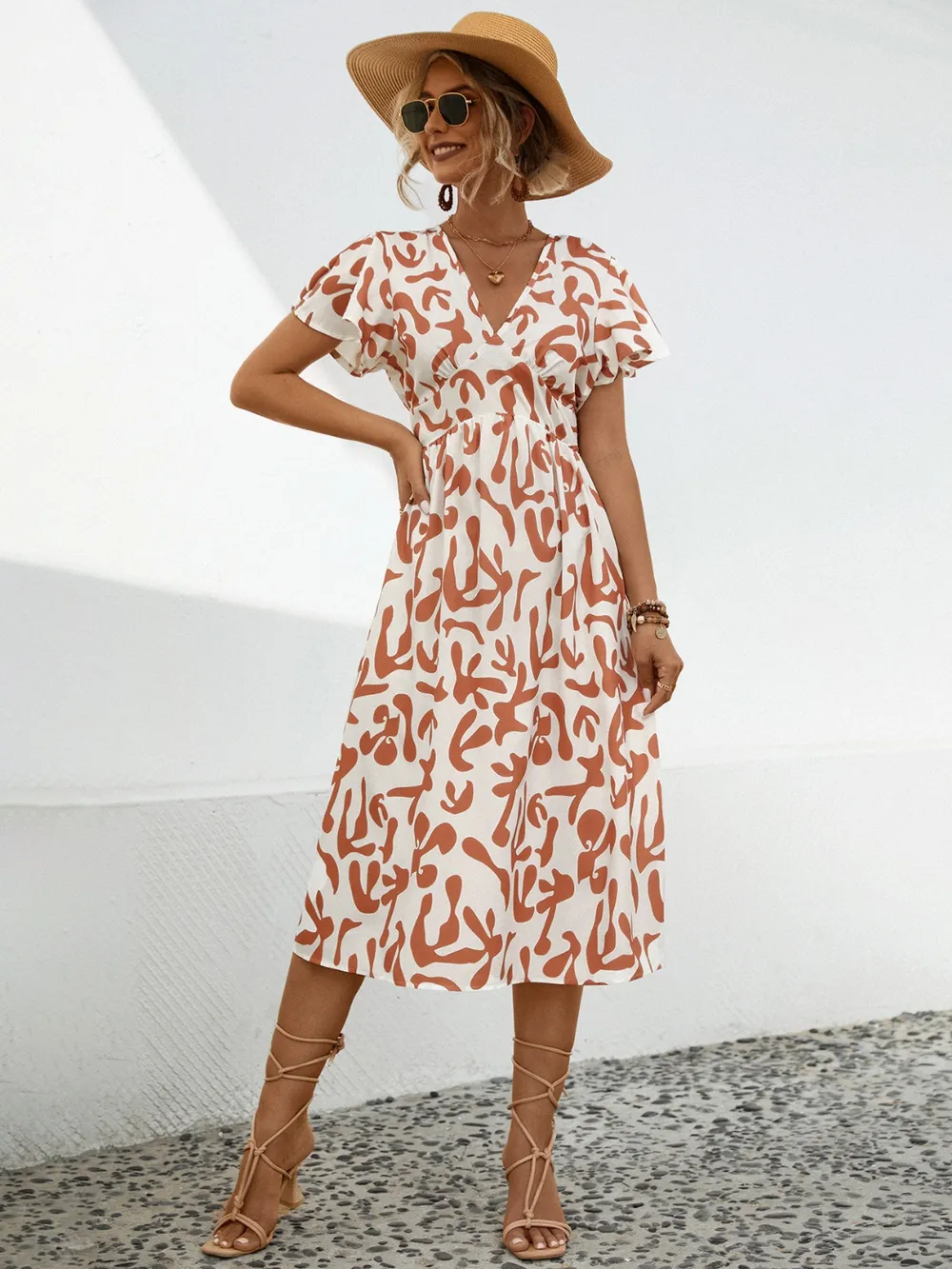 Printed V-Neck Short Sleeve Dress, image 5