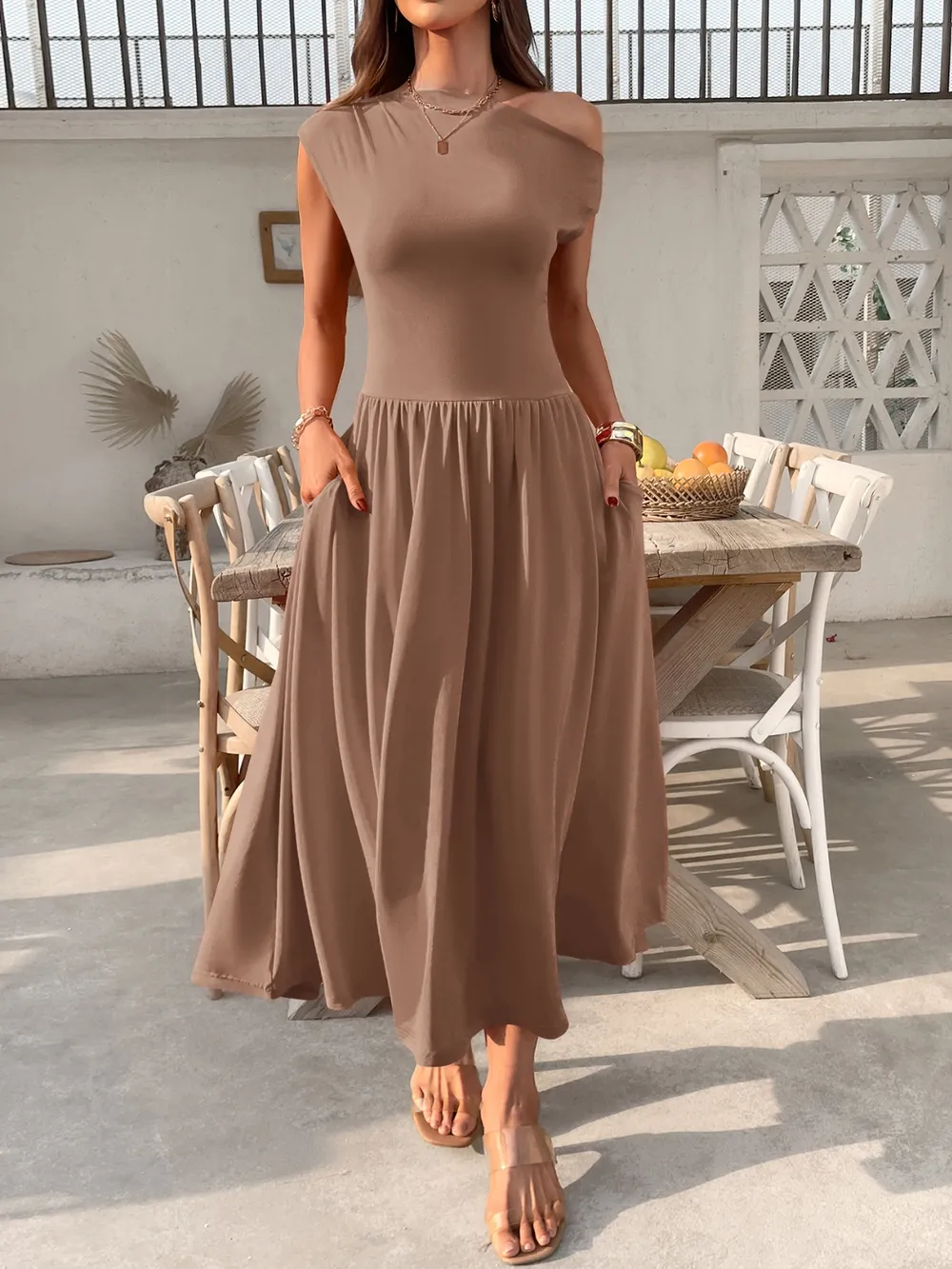 Single Shoulder Midi Dress with Pockets, image 7