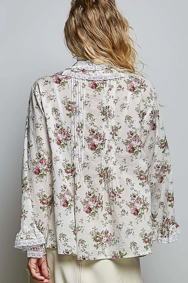 POL Floral Lace Trim Pintuck Button-Down Shirt, image 3