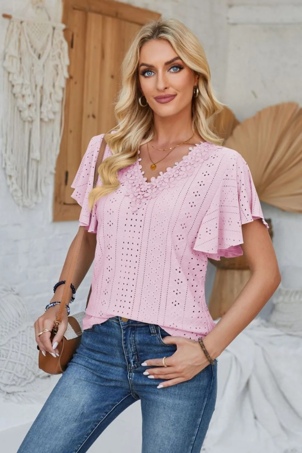Eyelet Applique V-Neck Cap Sleeve T-Shirt, image 11