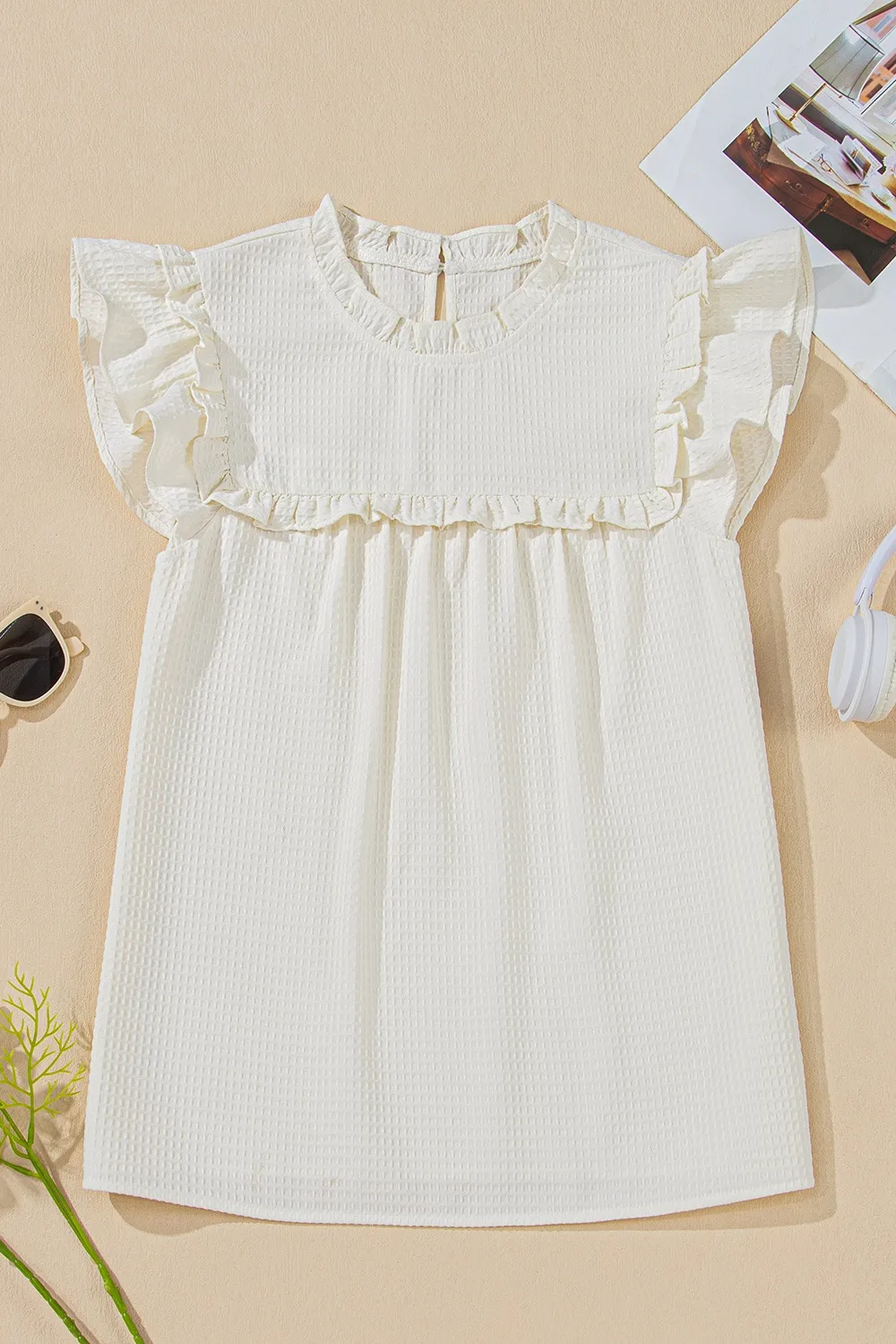 Solid Color Ruffle Trim Waffle Knit Blouse, image 4