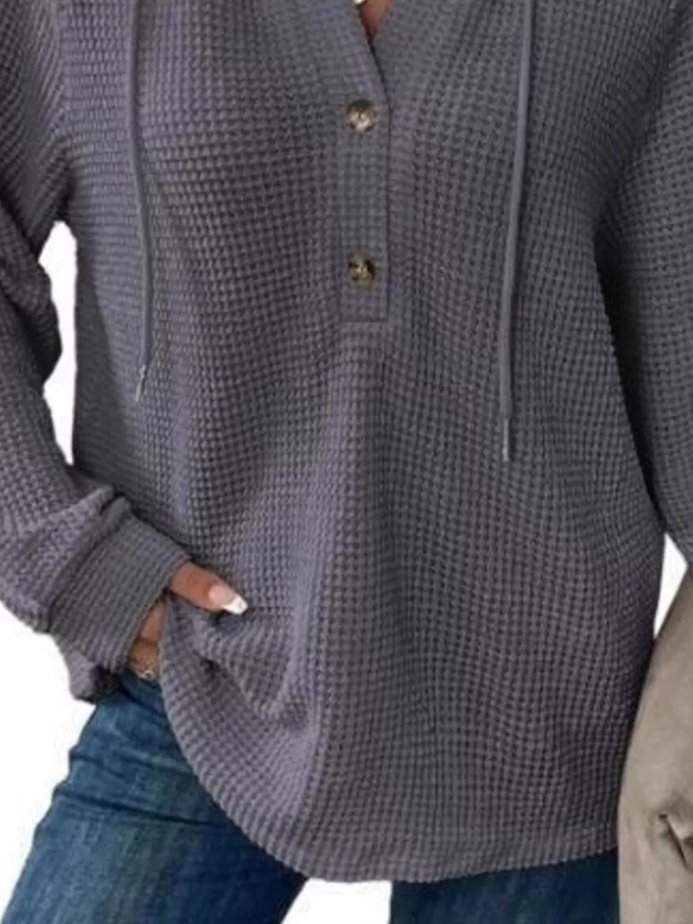 Full Size Button Detail Waffle Knit Hoodie Plus Size, image 6