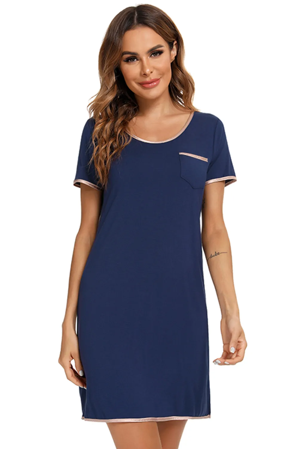 Contrast Trim Pocketed Round Neck Lounge Dress, image 7