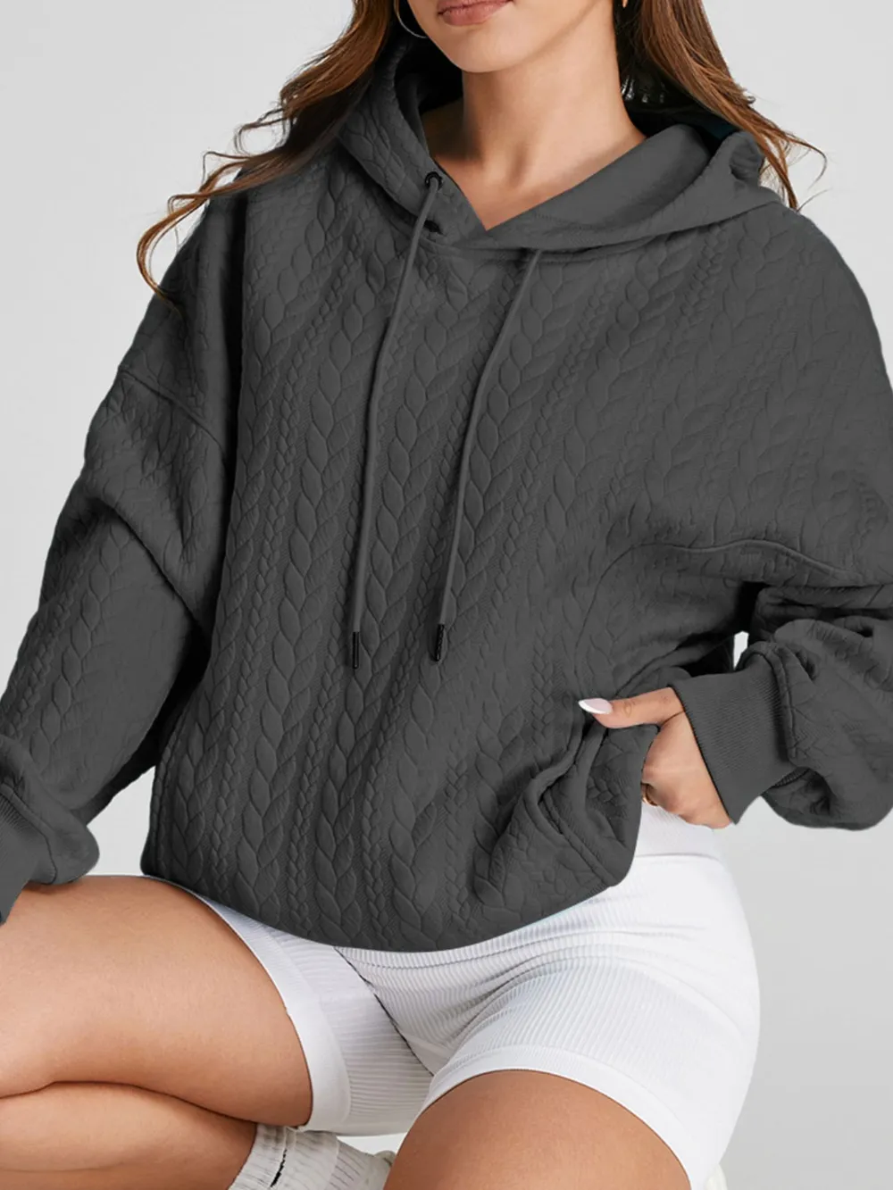 Drawstring Textured Baggy Solid Hoodie