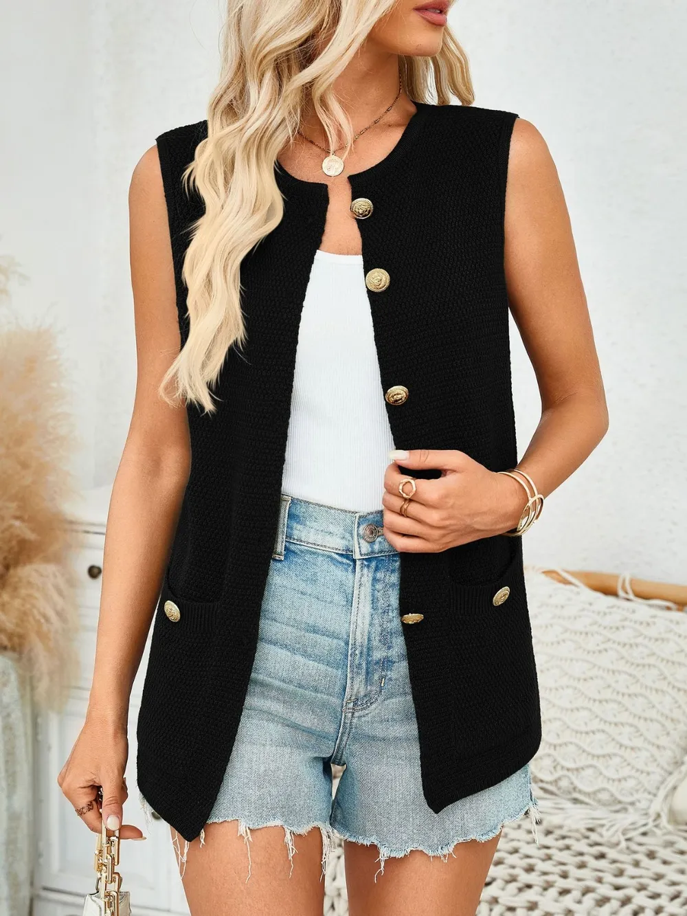 Button Down Round Neck Knit Vest, image 14