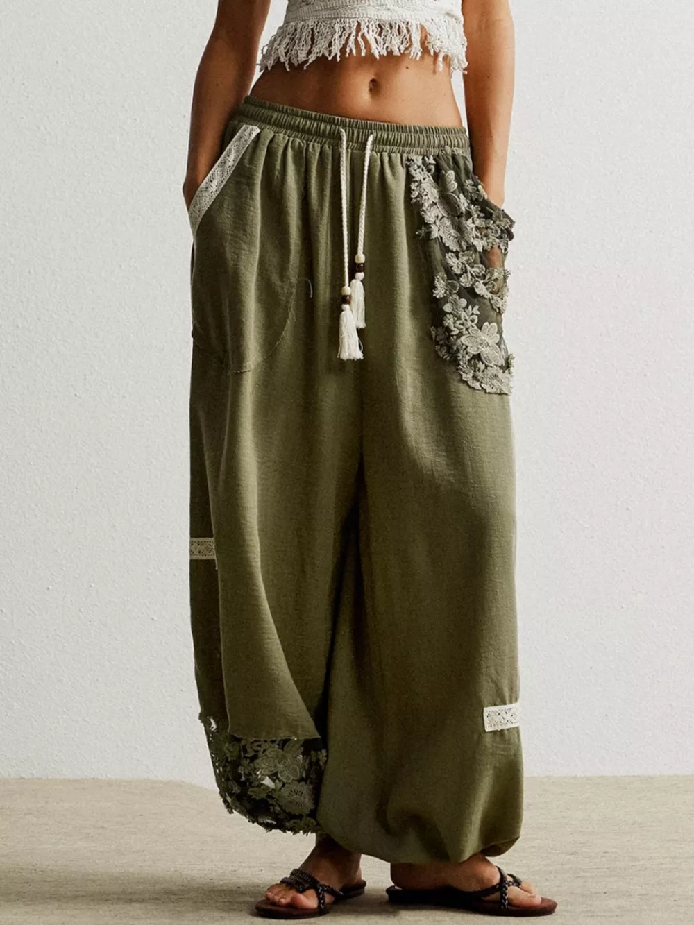 Lace Detail Drawstring Harem Pants, image 5