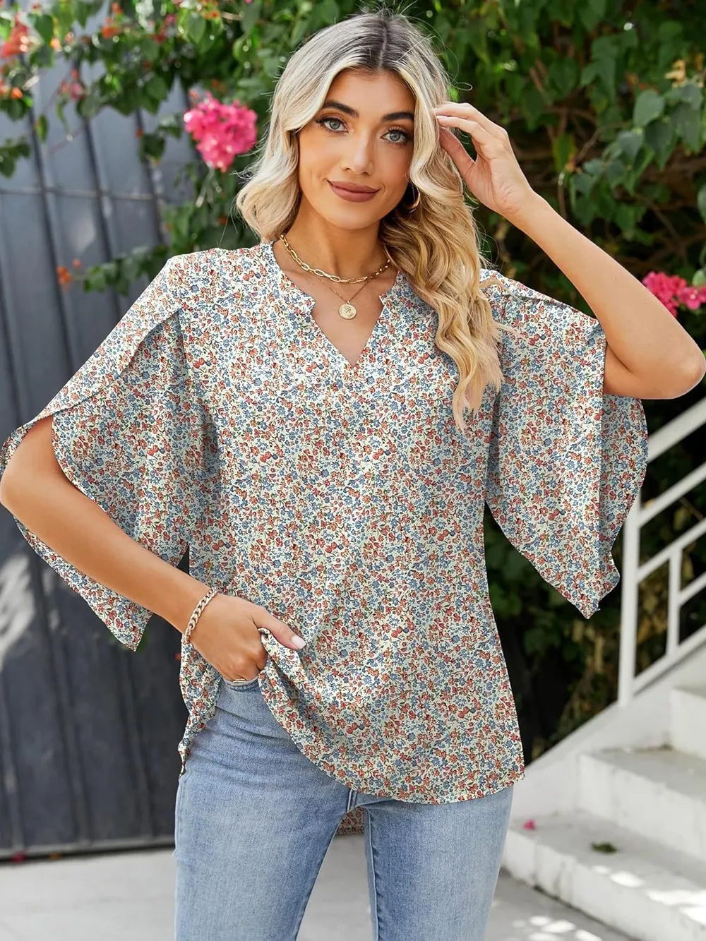 Printed Notched Half Sleeve Blouse, image 11