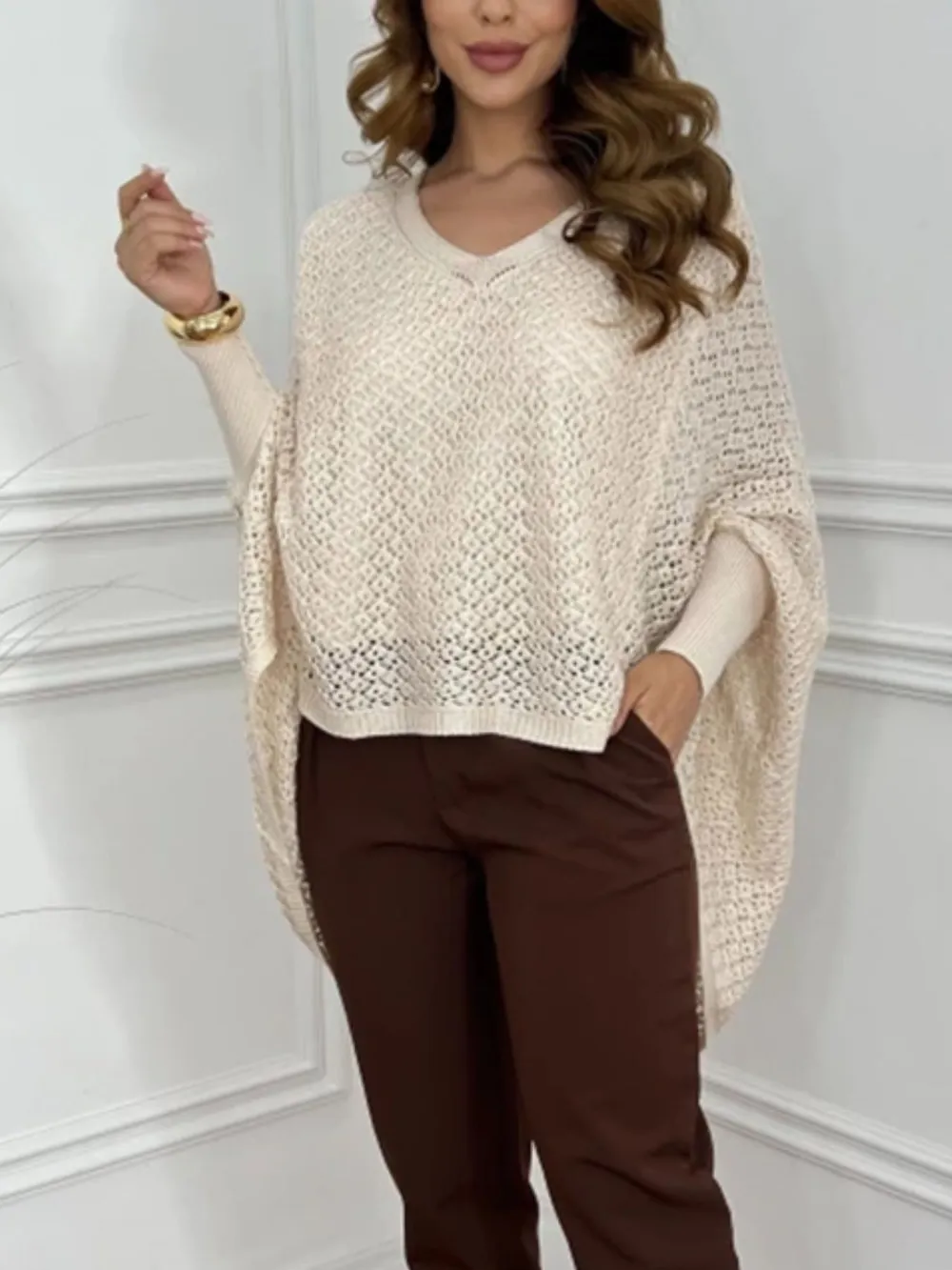 Crochet V-Neck Batwing Sleeves Oversized Sweater, image 4