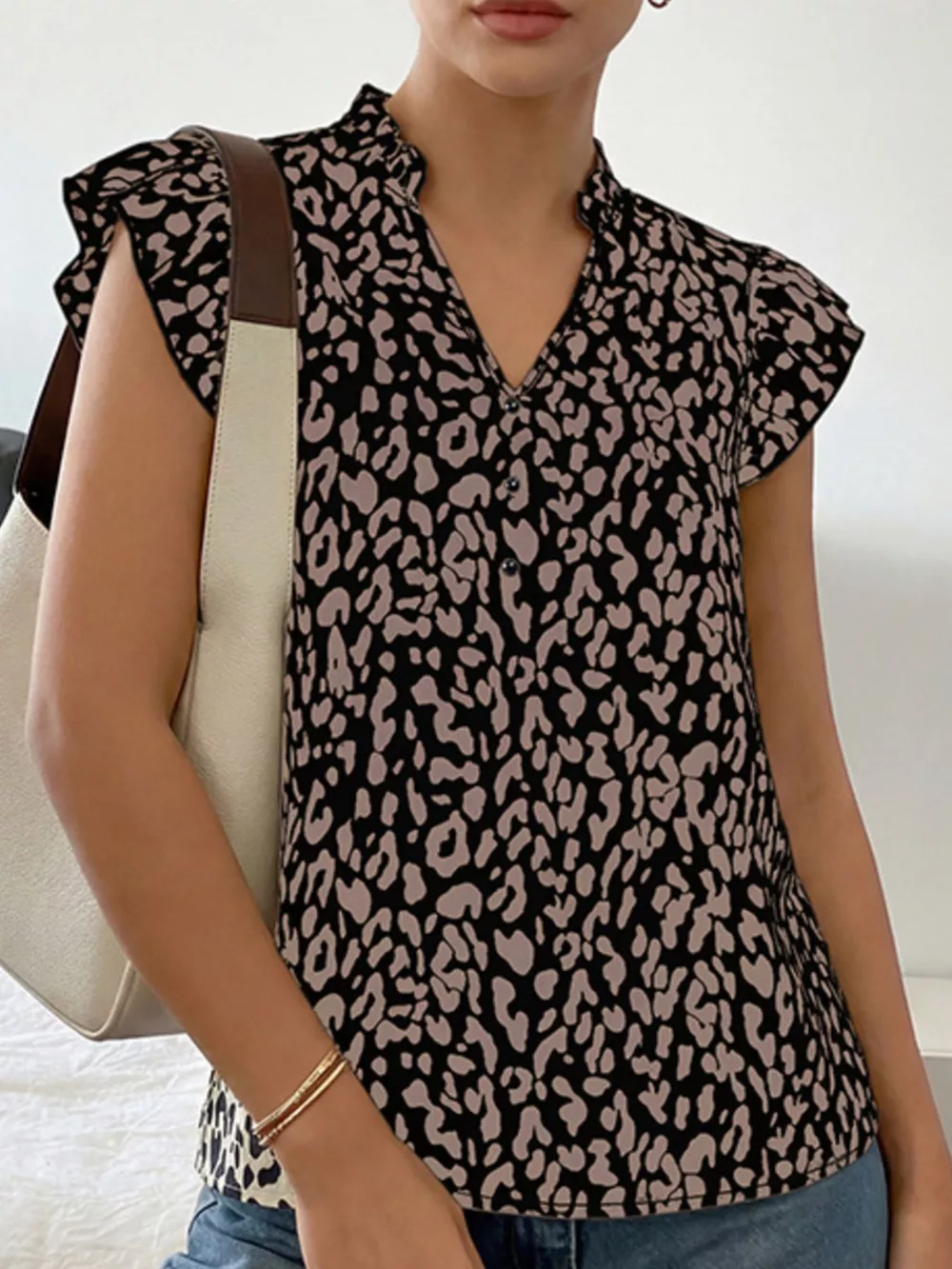 Leopard Print Ruffle Sleeve Blouse, image 5