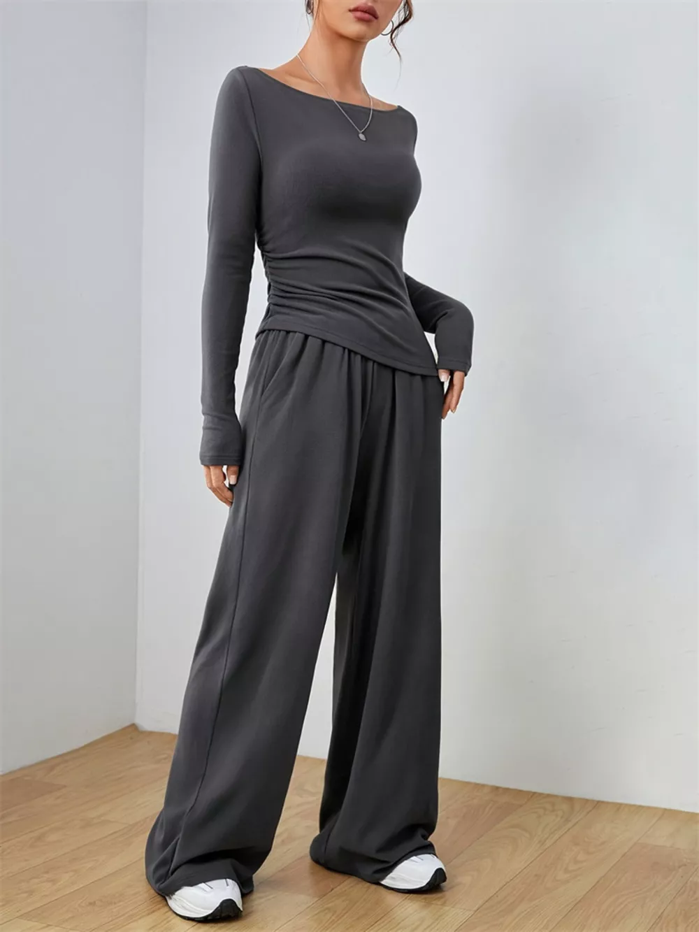 Casual Long Sleeve Top & Wide Leg Pants Set, image 3
