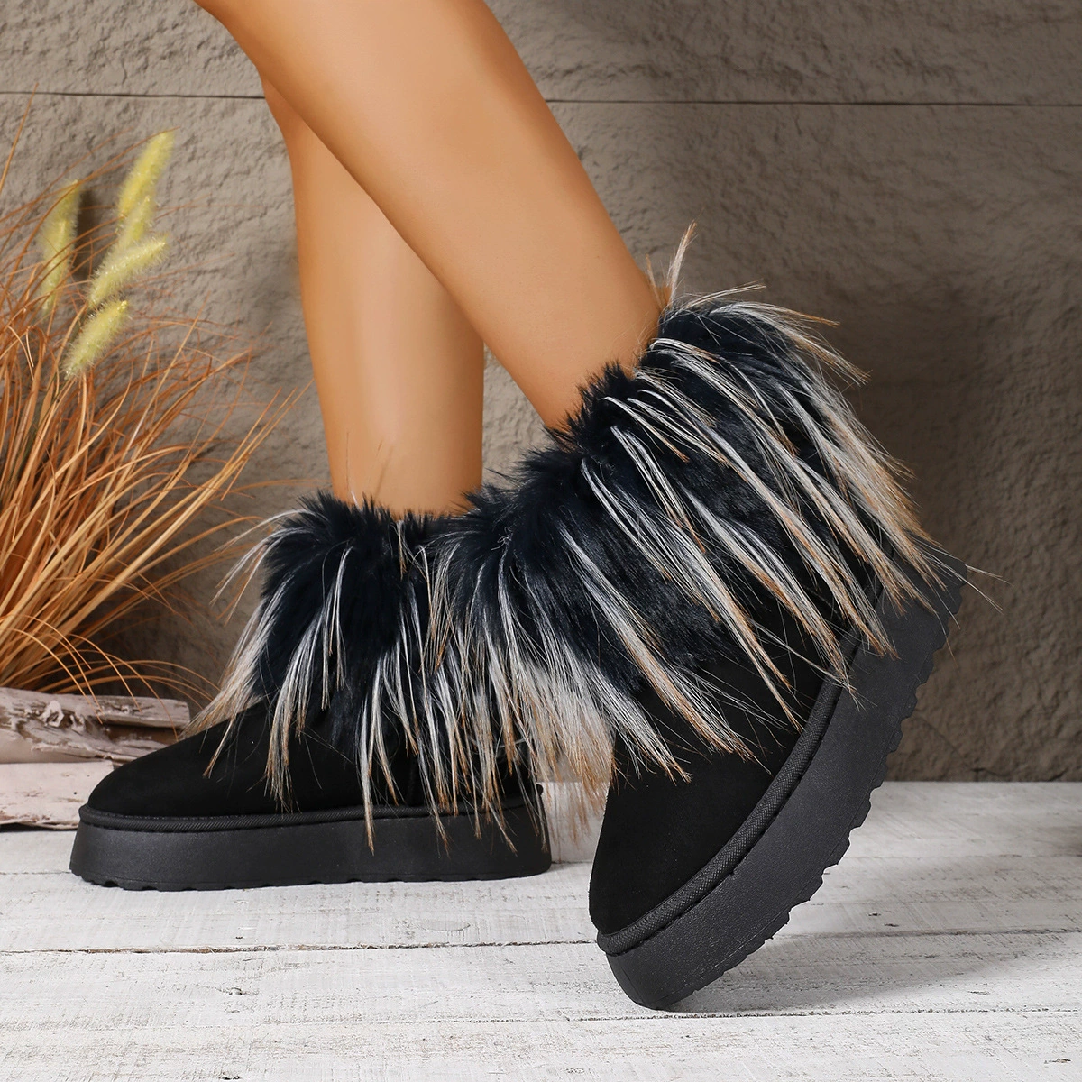 Fuzzy Trim Platform Ankle Boots, image 2