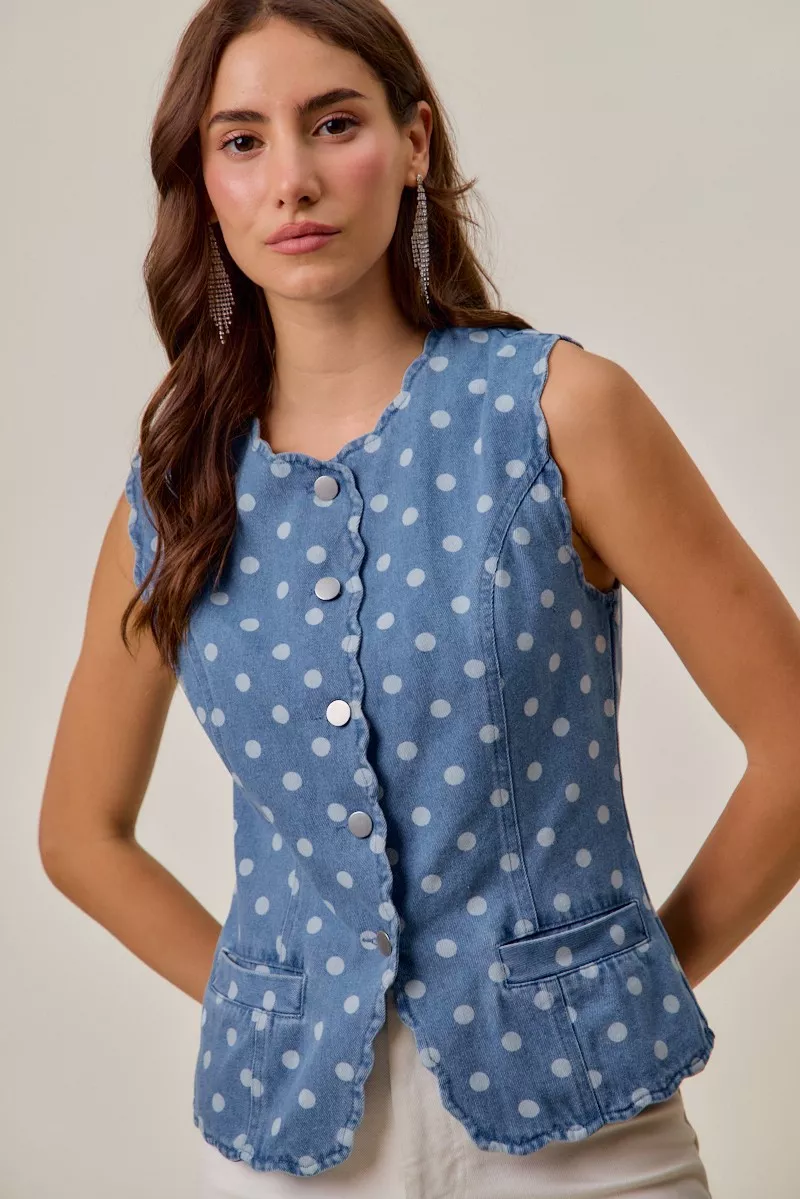 Polka Dot Denim Scallop Edge Button Down Vest Top, image 3
