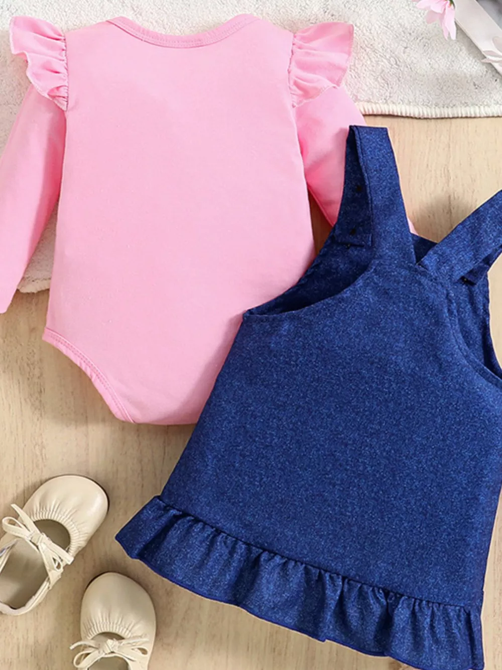 Children's Ruffled Bodysuit and Overall Dress Set with Headband, image 6