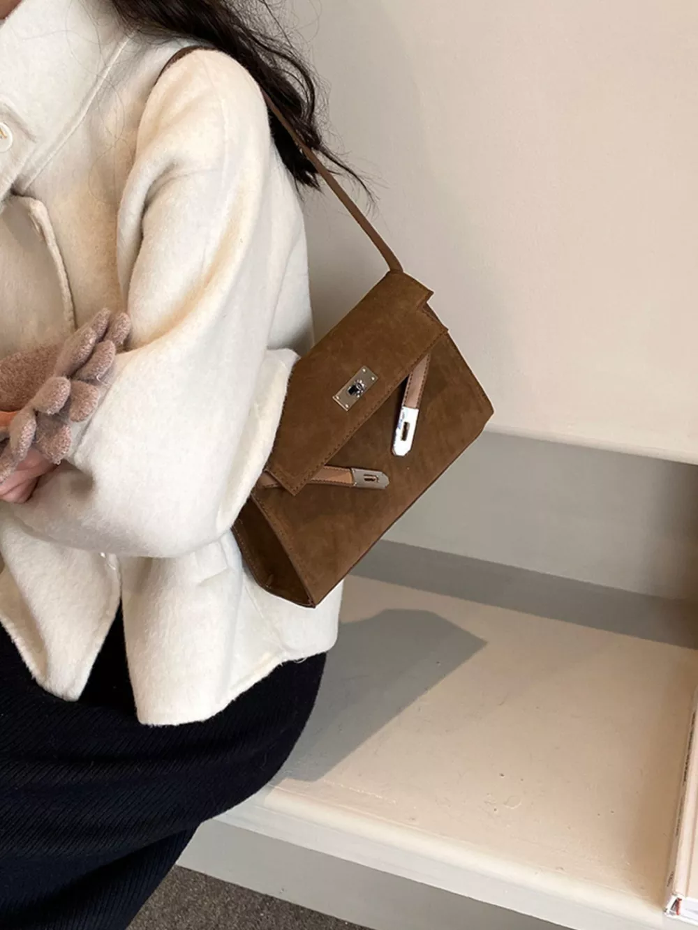 Solid Color Buckle Shoulder Bag, image 7