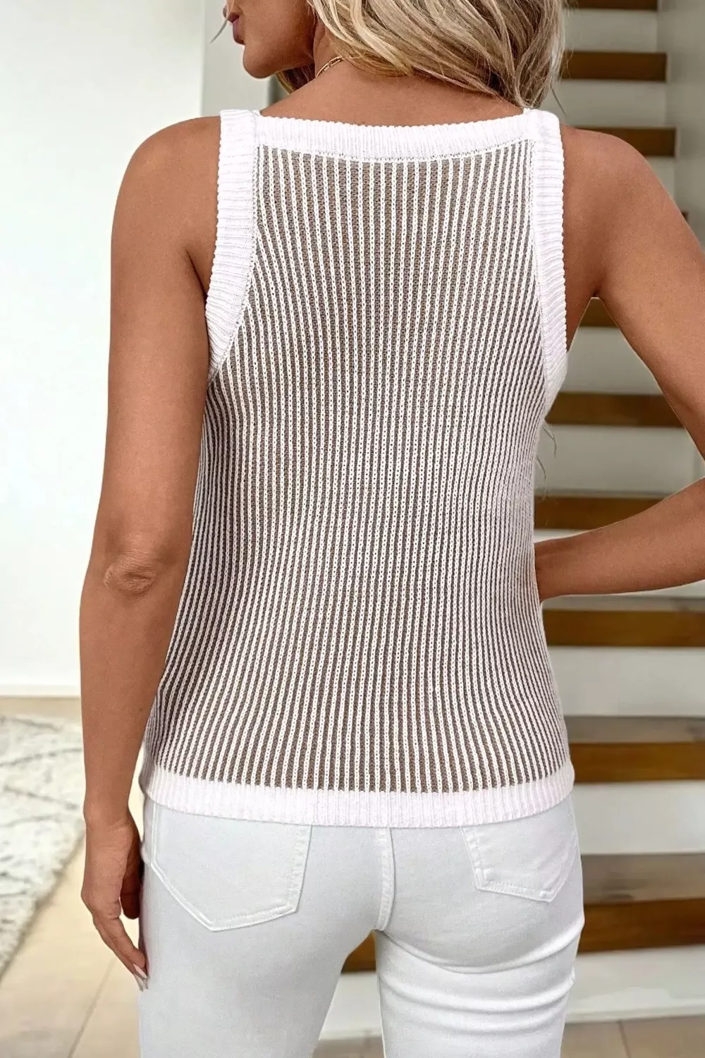 Contrast Trim Ribbed Knit Sweater Tank, image 3