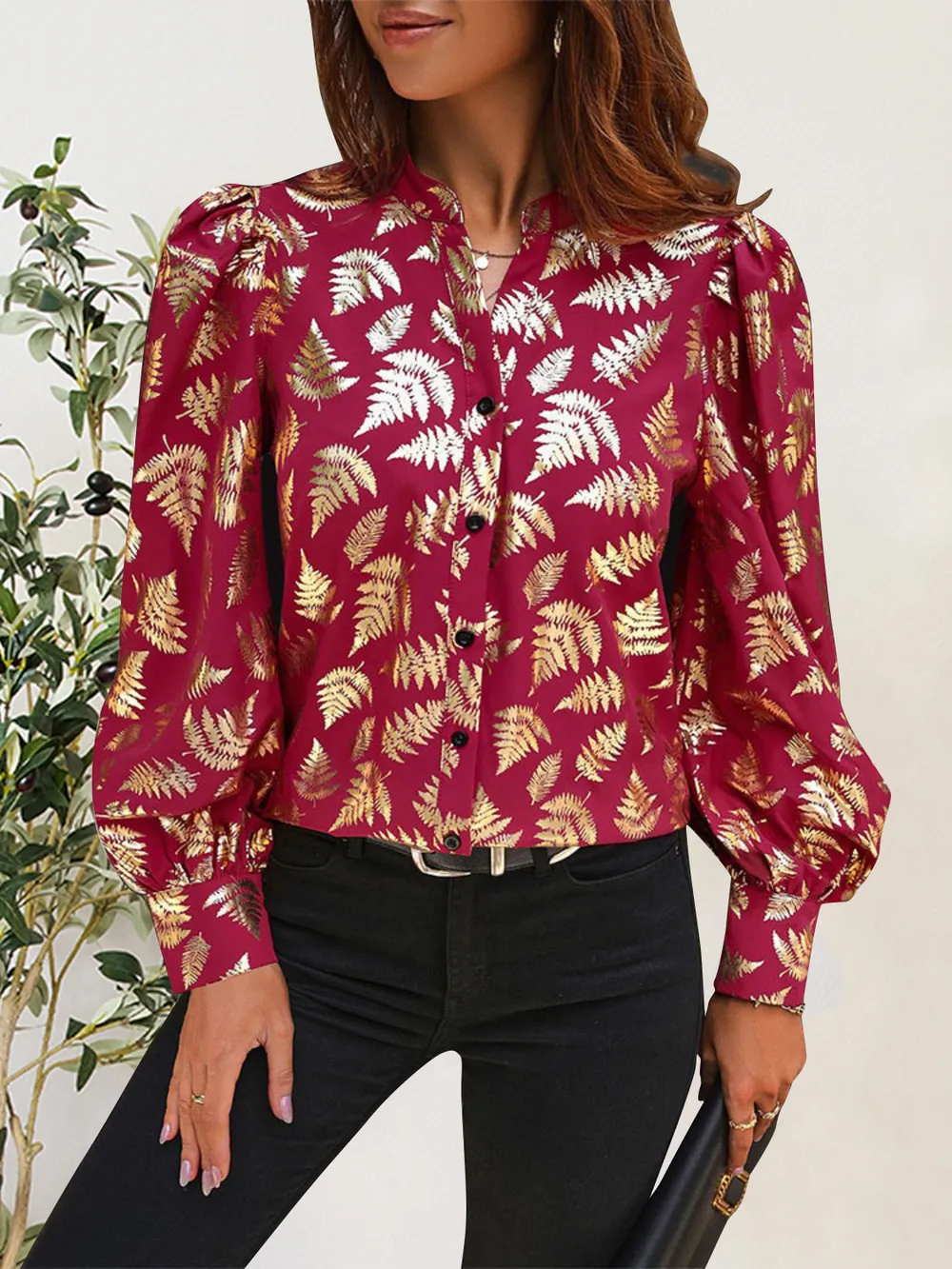 Printed Notched Long Sleeve Shirt, image 3