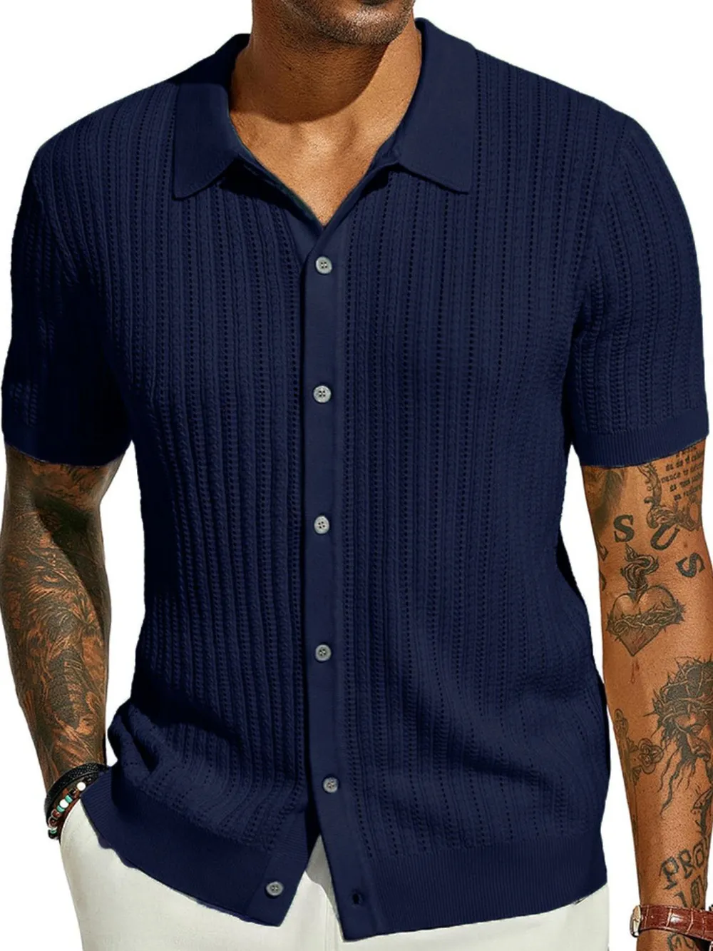 Men's Full Size Openwork Button Down Collared Neck Shirt Plus Size, image 9