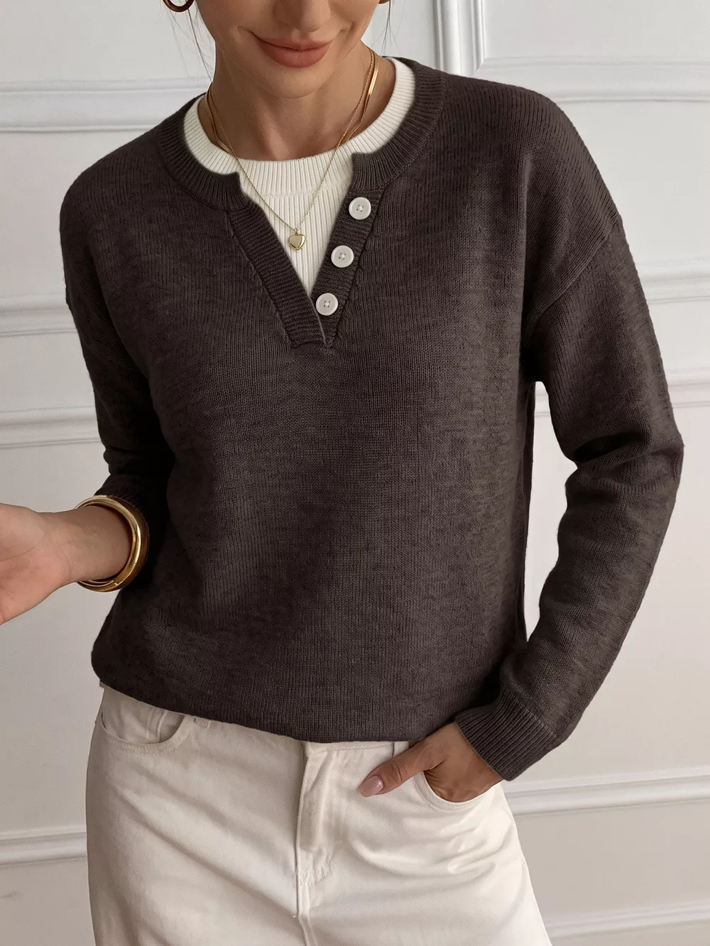 Decor Button-Placket Ribbed Knit Sweater, image 3