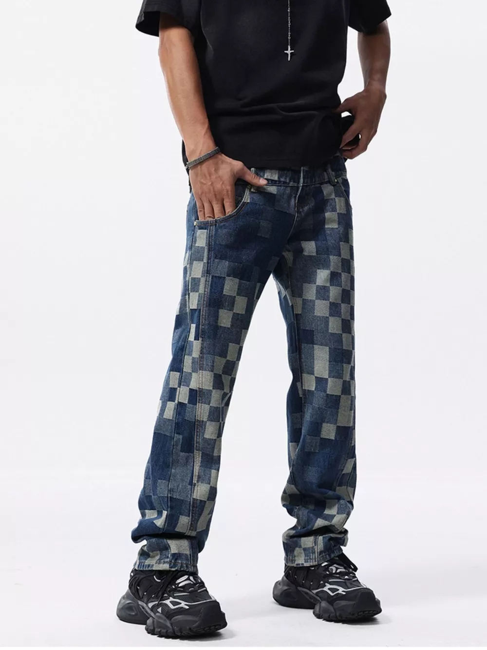 Men's Checkerboard Pattern Relaxed Fit Jeans, image 4
