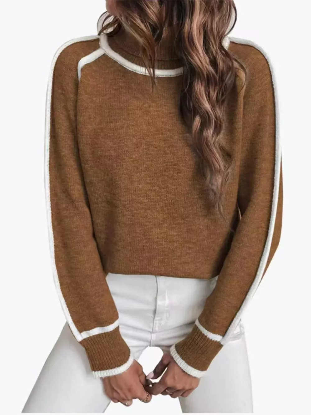 Full Size Turtleneck Contrast Trim Sweater Plus Size, image 12