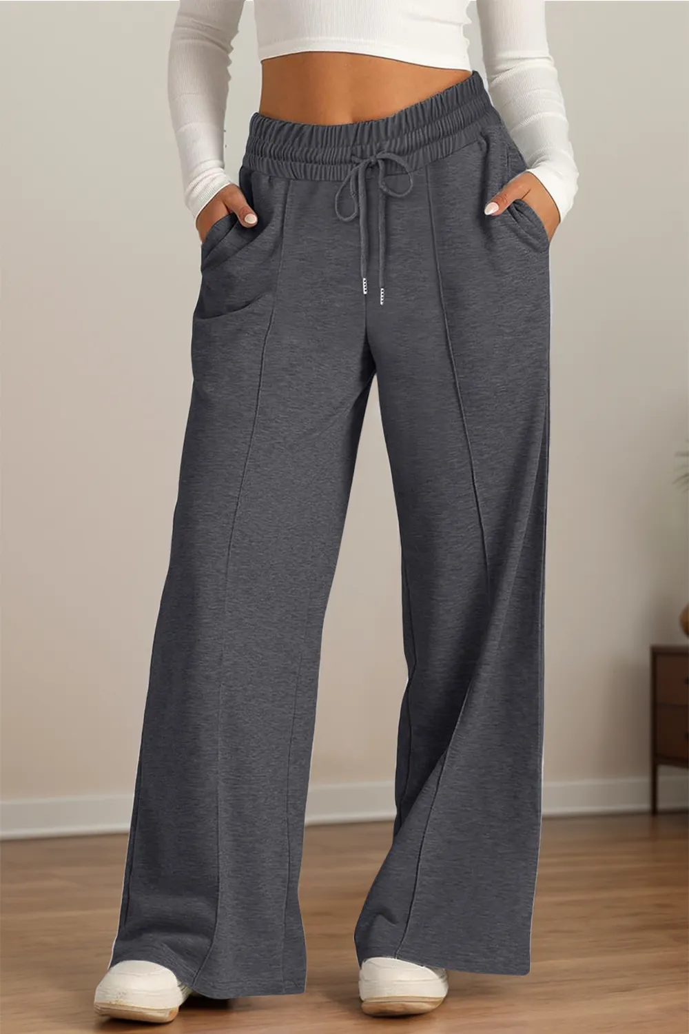 Drawstring Elastic Waist Wide Leg Pants, image 28