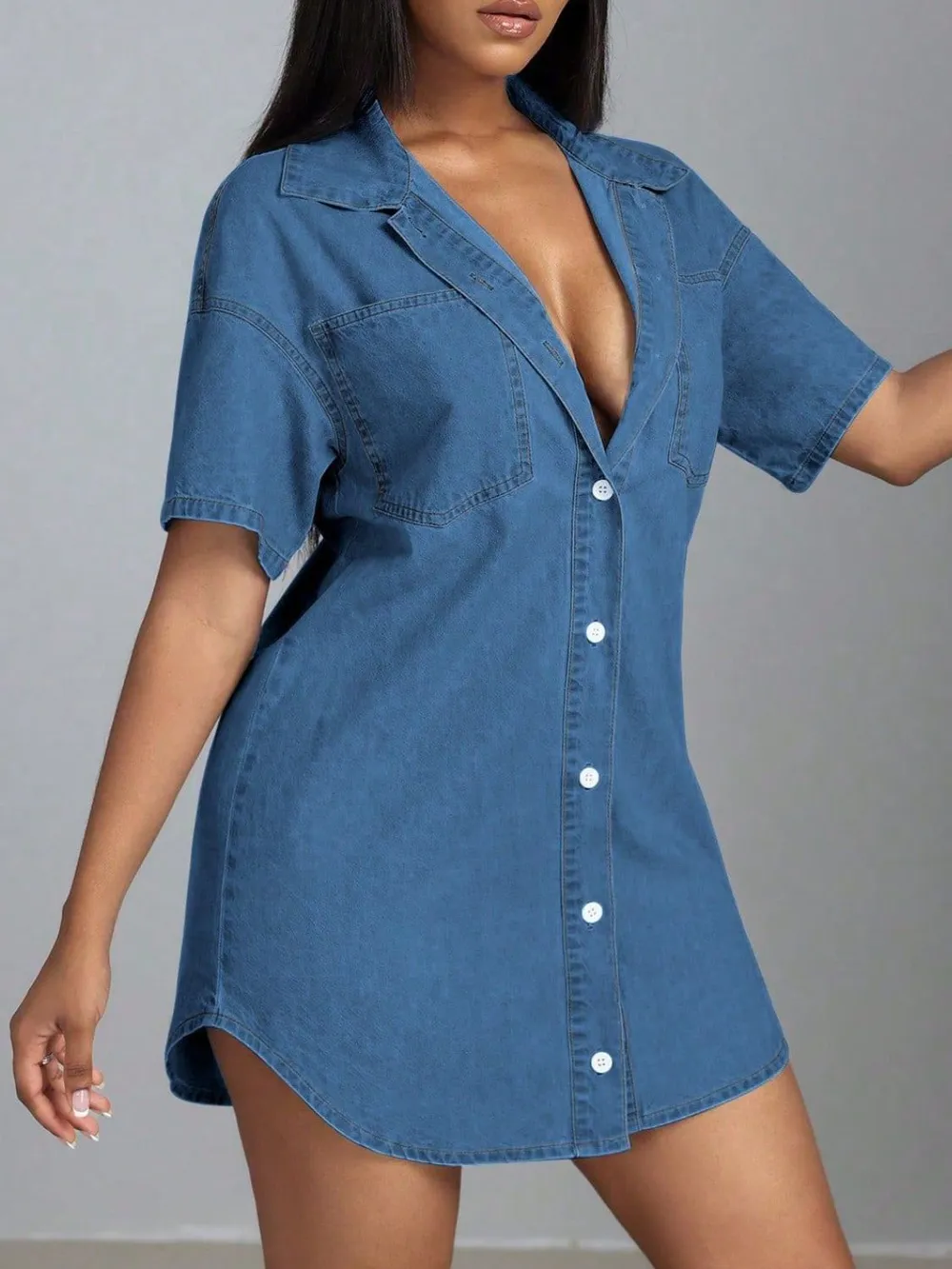 Button Down Collared Neck Denim Dress, image 4