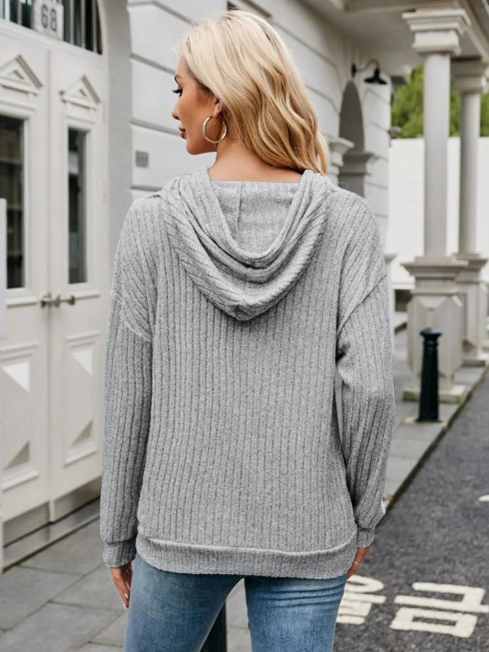 Ribbed Drawstring Long Sleeve Hoodie, image 20