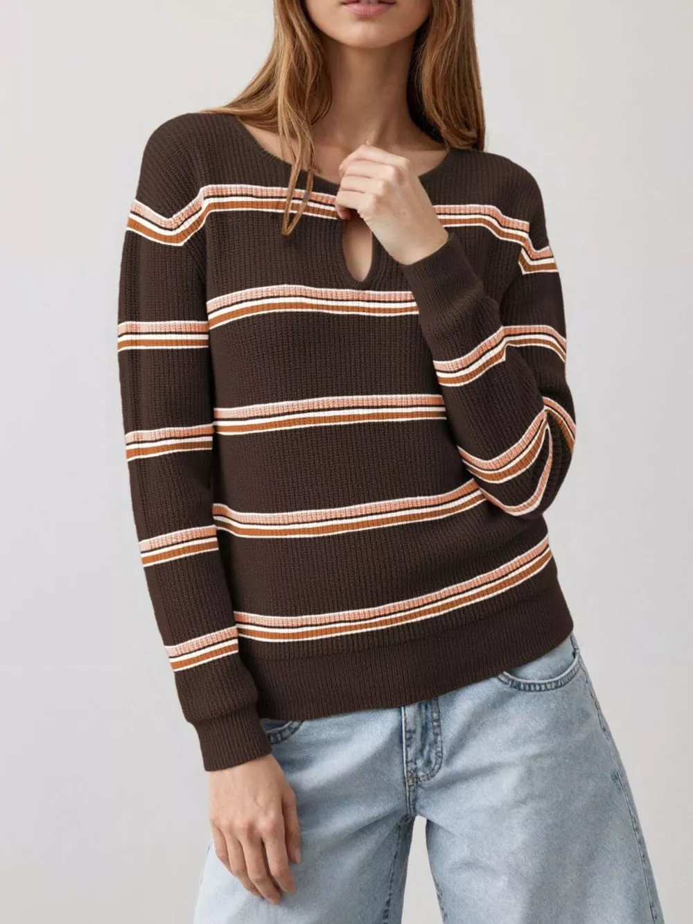 Striped Ribbed Knit Top with Keyhole Neckline, image 4