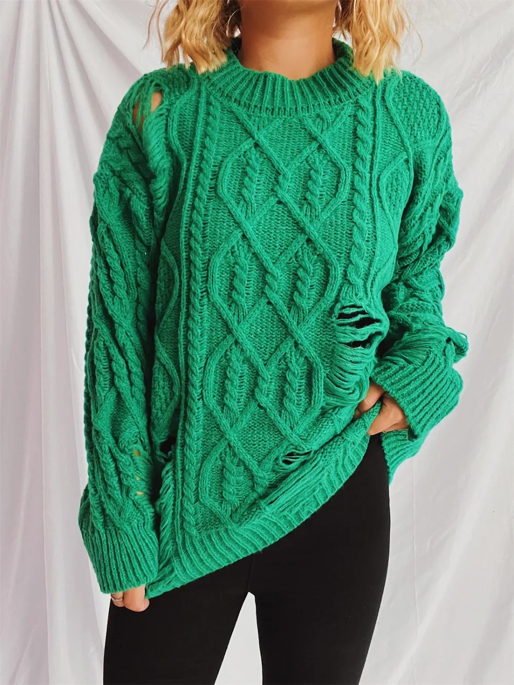 Distressed Cable-Knit Round Neck Long Sleeve Sweater, image 4