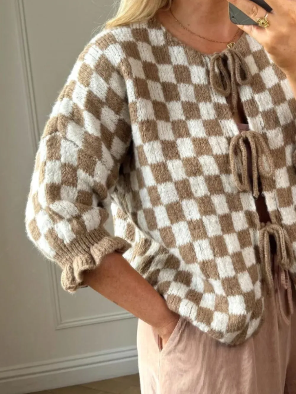 Checkered Tie-Front Knit Cardigan, image 5