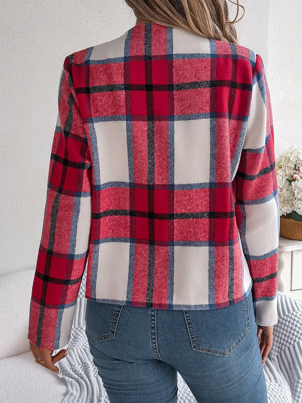 Plaid Open Front Long Sleeve Jacket, image 15