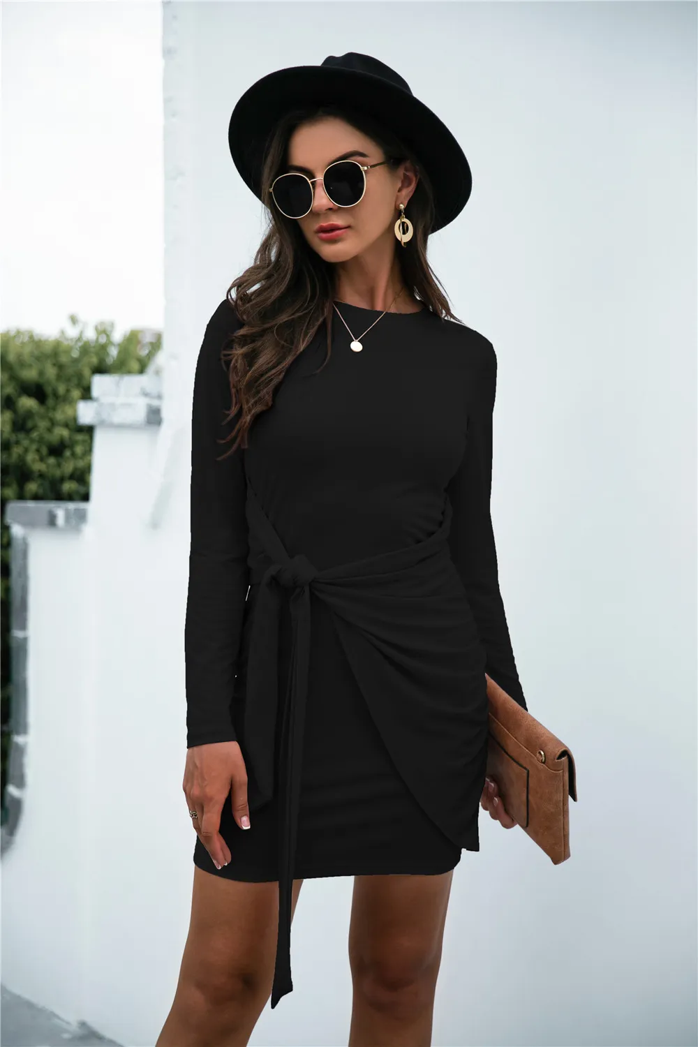 Tied Round Neck Long Sleeve Mini Dress, image 3