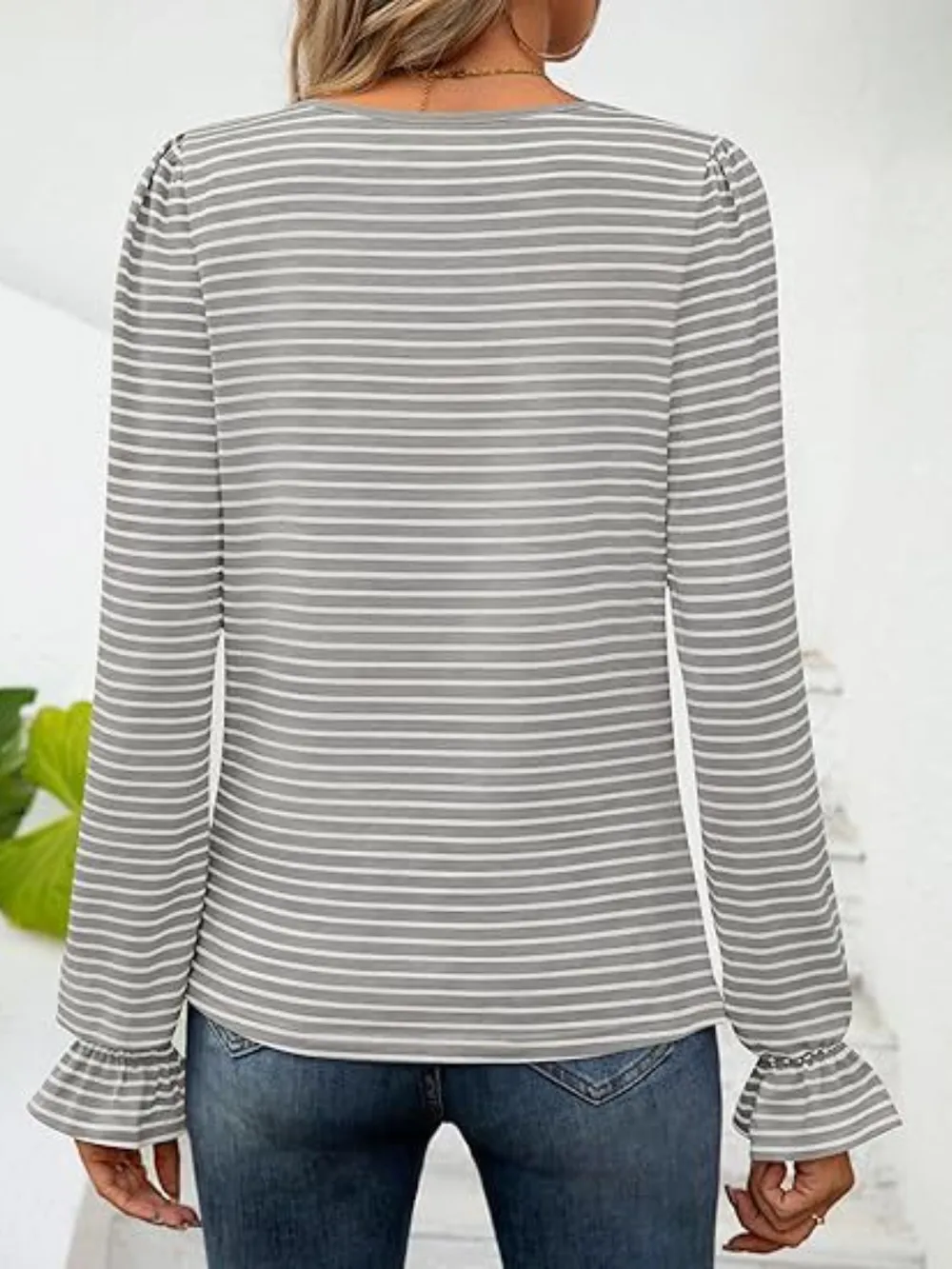 Striped Square Neck Flounce Sleeve Top, image 11