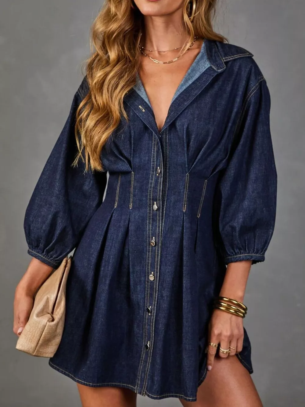 Button Down 3/4 Sleeve Denim Dress, image 2