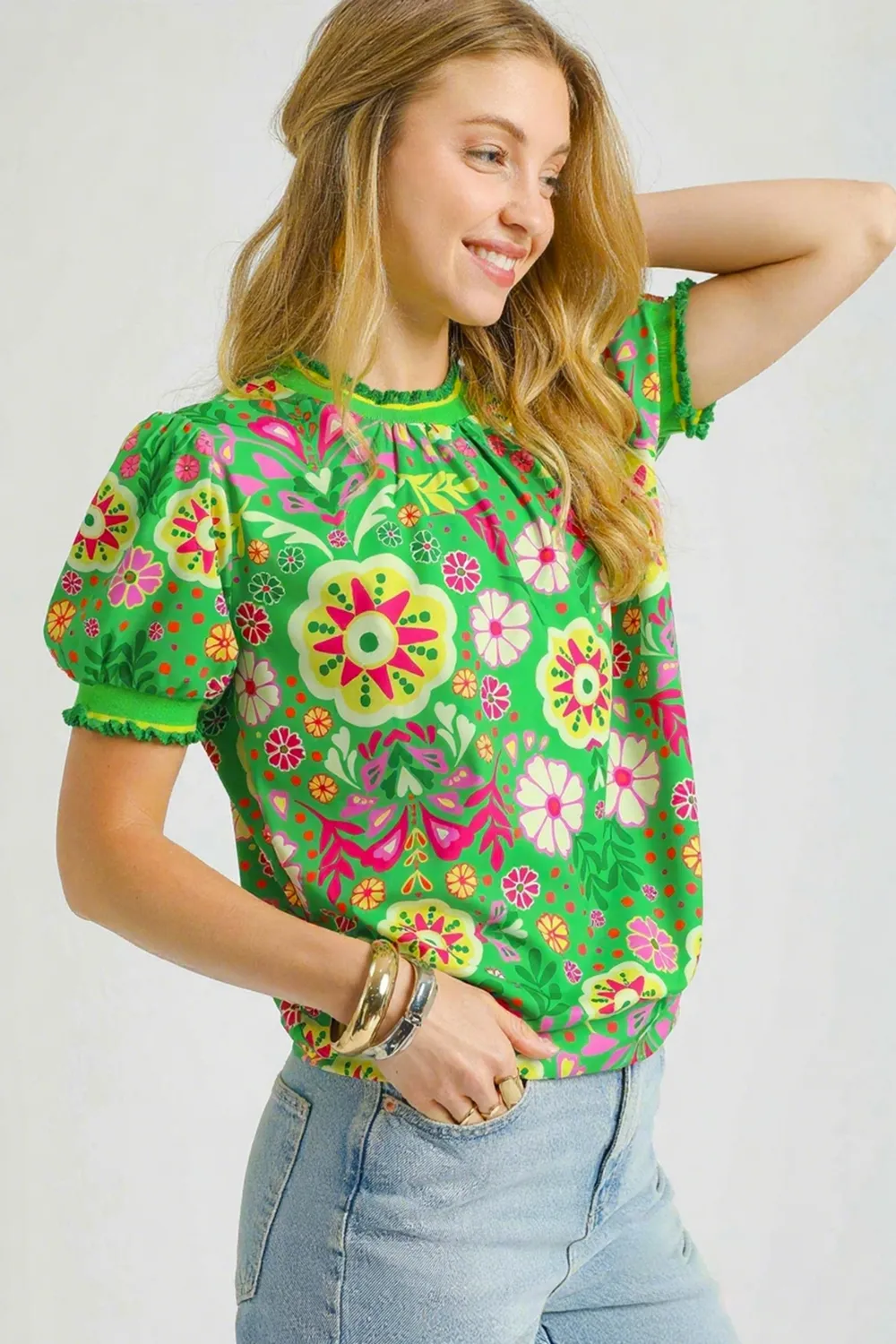 Retro Floral Puff Sleeve Top, image 3